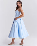 Lace Trim Corset Bustier Spaghetti Strap Pleated Pocket Tea Length Dress