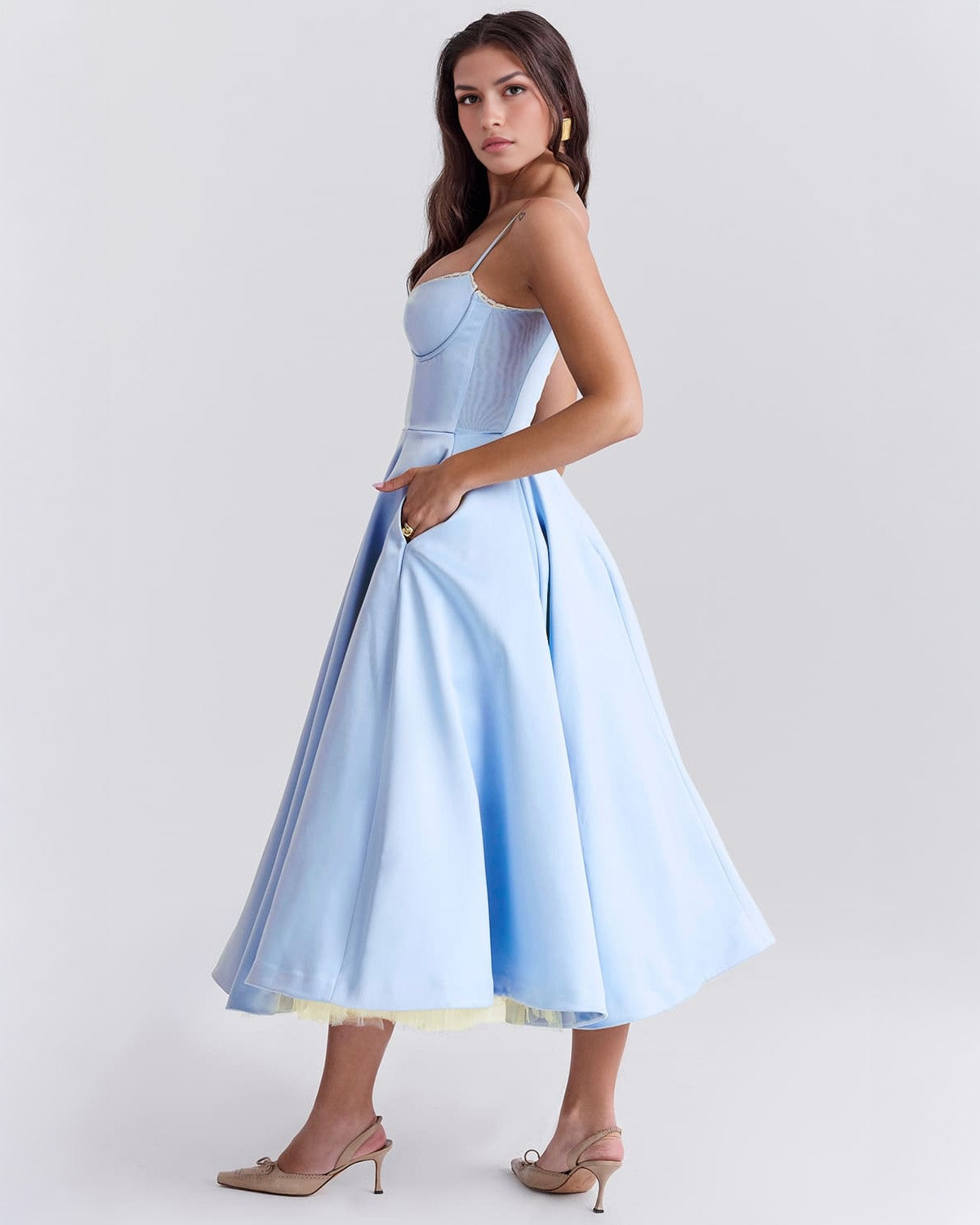 Lace Trim Corset Bustier Spaghetti Strap Pleated Pocket Tea Length Dress