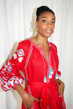 Embroidered Lantern Sleeve Boho Kaftan Dress