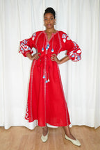 Embroidered Lantern Sleeve Boho Kaftan Dress
