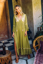 Bohemian Embroidered Solid Color Slit Tunic Dress