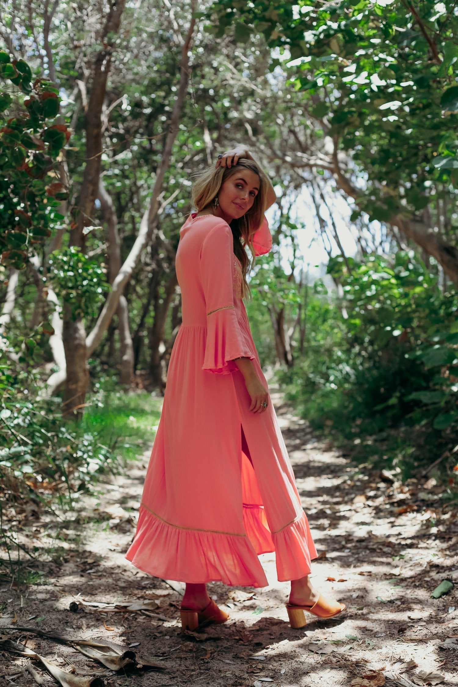 Bohemian Embroidered Solid Color Slit Tunic Dress