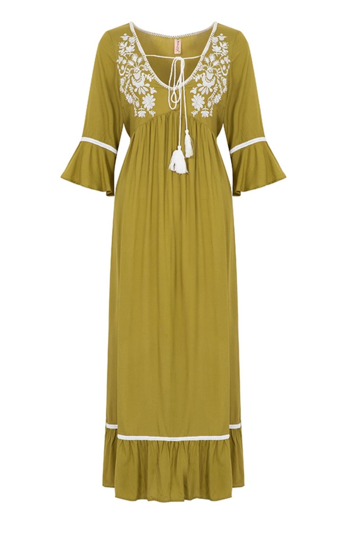 Bohemian Embroidered Solid Color Slit Tunic Dress
