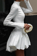 Long Sleeve High Neck Bubble Hem Fit and Flare Mini Dress