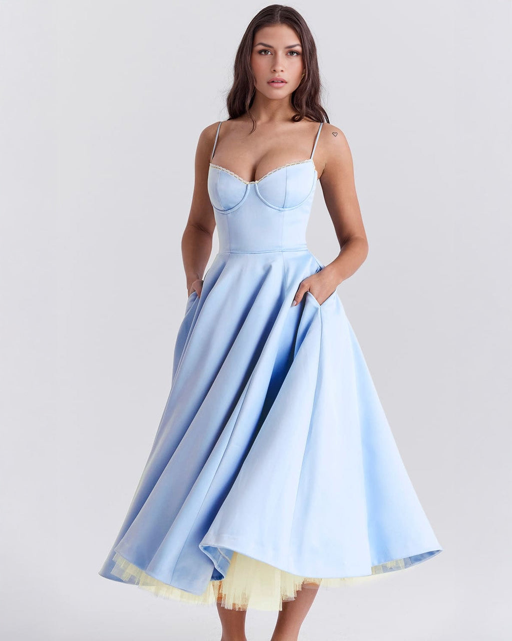 Lace Trim Corset Bustier Spaghetti Strap Pleated Pocket Tea Length Dress