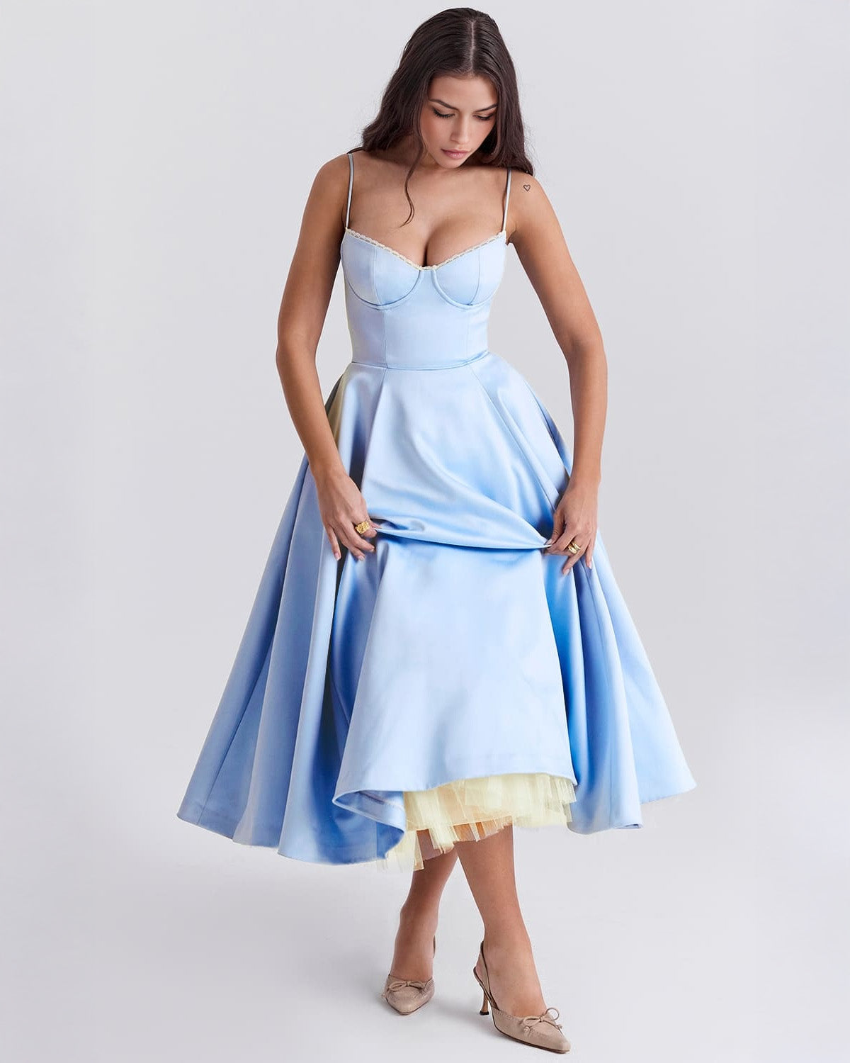 Lace Trim Corset Bustier Spaghetti Strap Pleated Pocket Tea Length Dress