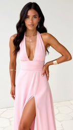 Oriana Chic Maxi Halter Dress V Neck and Slit Designer Edit