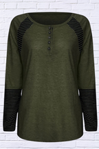 Full Size Striped Quarter Button Long Sleeve T-Shirt