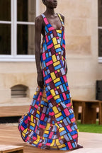 Stylish Color-blocked Plaid Print Sleeveless Round Neck Loose Maxi Dress