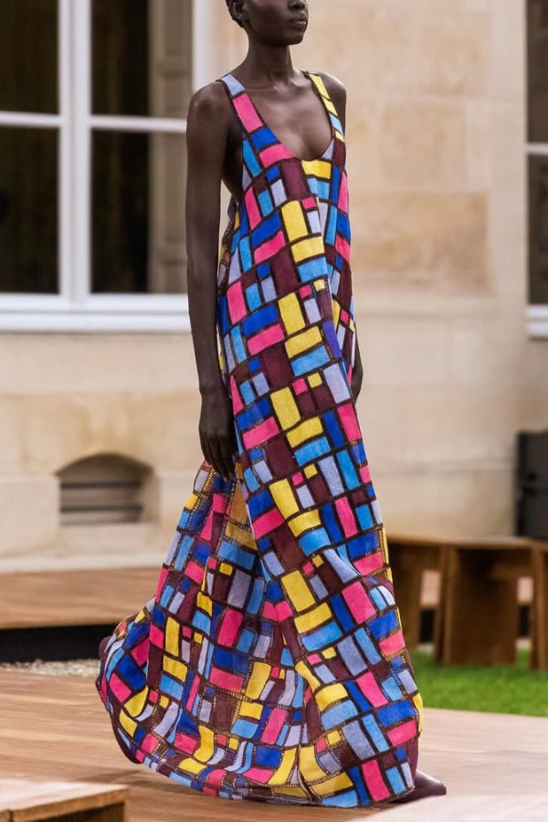 Stylish Color-blocked Plaid Print Sleeveless Round Neck Loose Maxi Dress