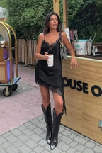 Lace Trim Deep V-Neck Spaghetti Strap Scalloped Hem Asymmetric Mini Dress