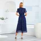 Embroidered Bright Yarn Mesh DressSlim Fit V neck Mid Length Dress