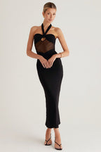 Halter Neck Knot Front Keyhole Cutout Mesh Panel Ruched Bodycon Maxi Dress