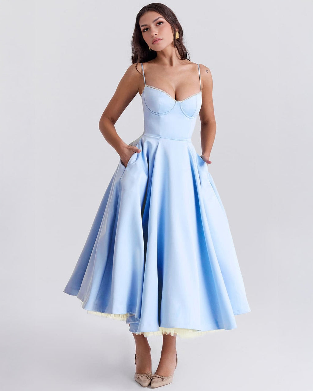 Lace Trim Corset Bustier Spaghetti Strap Pleated Pocket Tea Length Dress