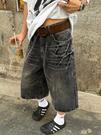 Vintage Washed Lightning Bolt Pattern Denim Shorts