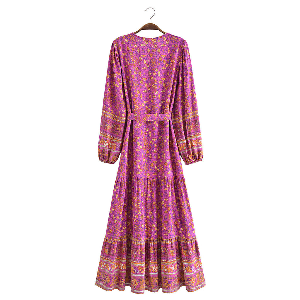 Autumn Casual Women Printed Cardigan Long Sleeve Belt Dress