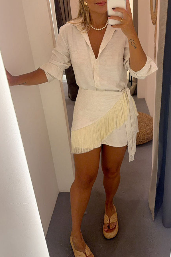 Sorena Linen Blend Button Up Long Sleeve Midi Blouse and Tassel Trim Warp Cover-up Mini Dress Set