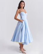 Lace Trim Corset Bustier Spaghetti Strap Pleated Pocket Tea Length Dress