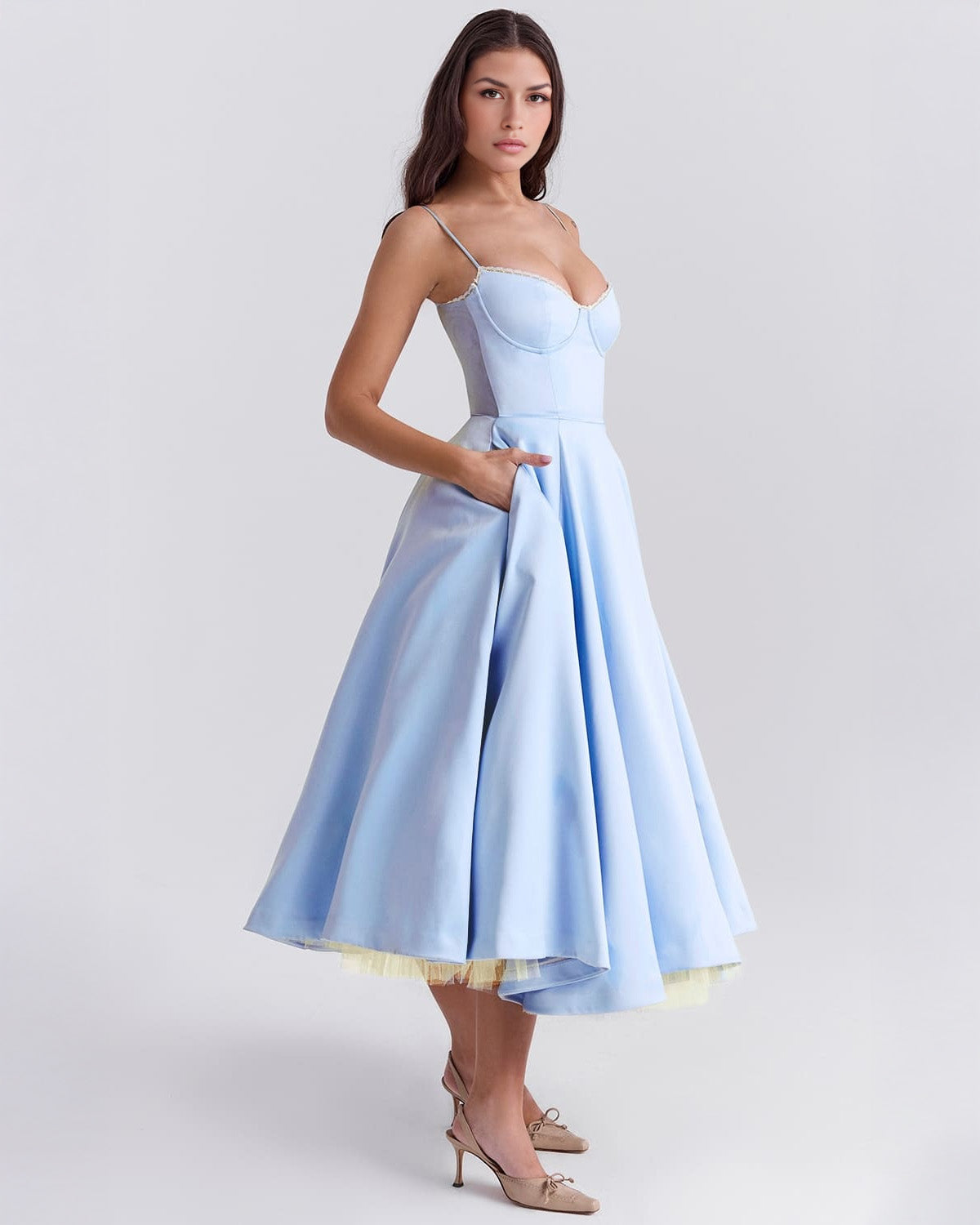Lace Trim Corset Bustier Spaghetti Strap Pleated Pocket Tea Length Dress