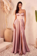 Satin Corset Sweetheart Neck Spaghetti Strap High Slit Maxi Gown