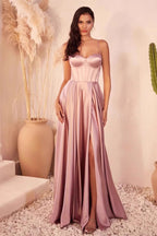 Satin Corset Sweetheart Neck Spaghetti Strap High Slit Maxi Gown