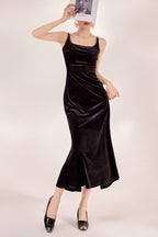 Black Velvet Strappy Backless Maxi Dress
