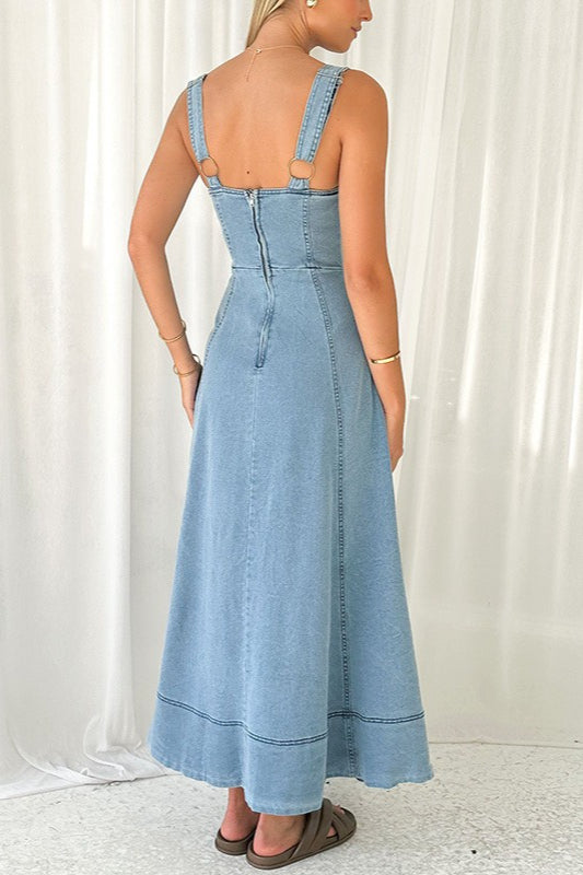 Denim Square Neck Button Front Patch Pocket A-Line Maxi Dress