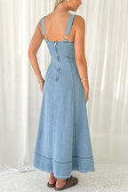 Denim Square Neck Button Front Patch Pocket A-Line Maxi Dress