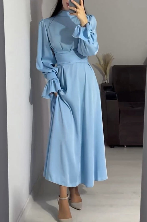 Mock Neck Bishop Sleeve Ruched Waist Satin Maxi Dress