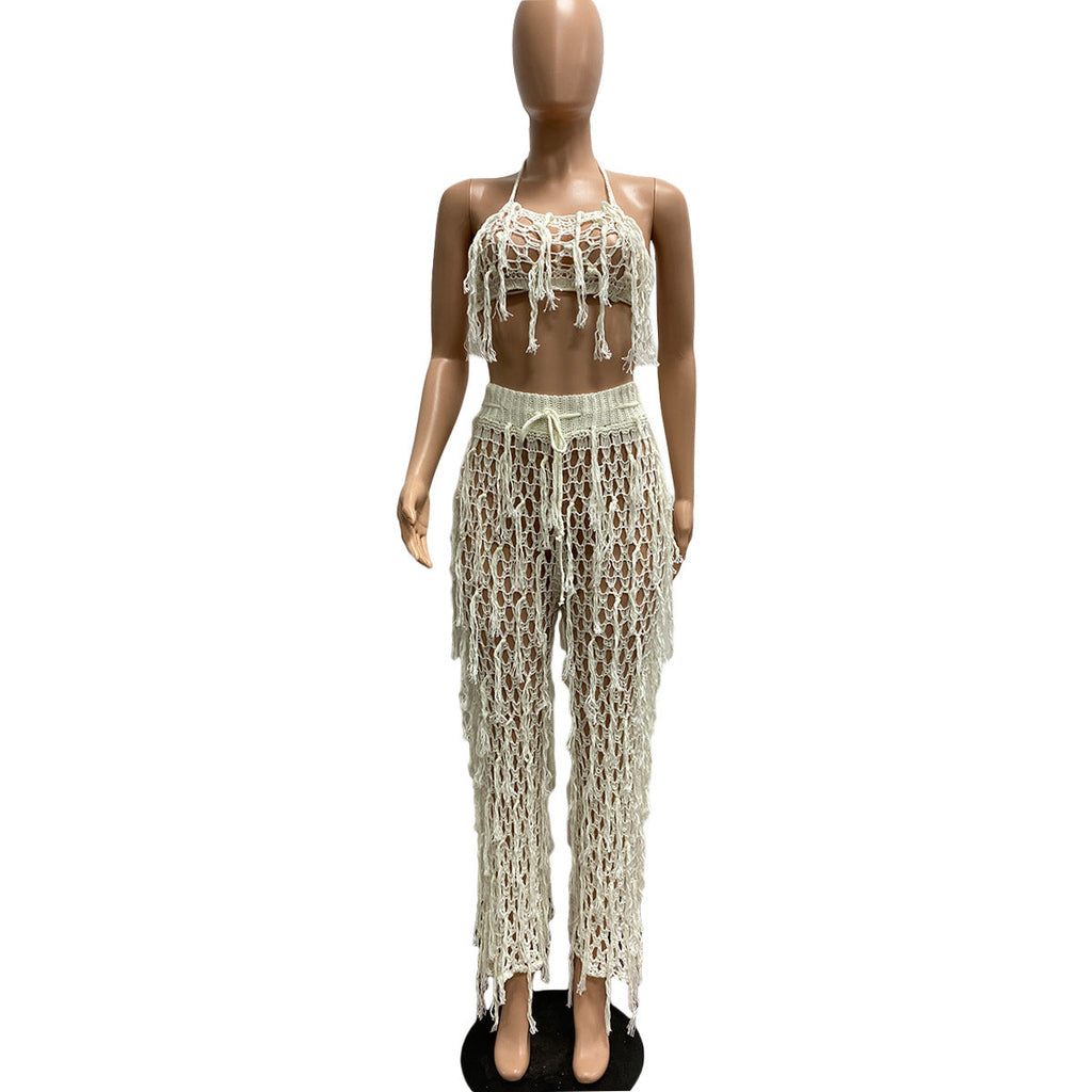 Sexy See through Crochet Tassel Beach Suit