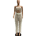 Sexy See through Crochet Tassel Beach Suit