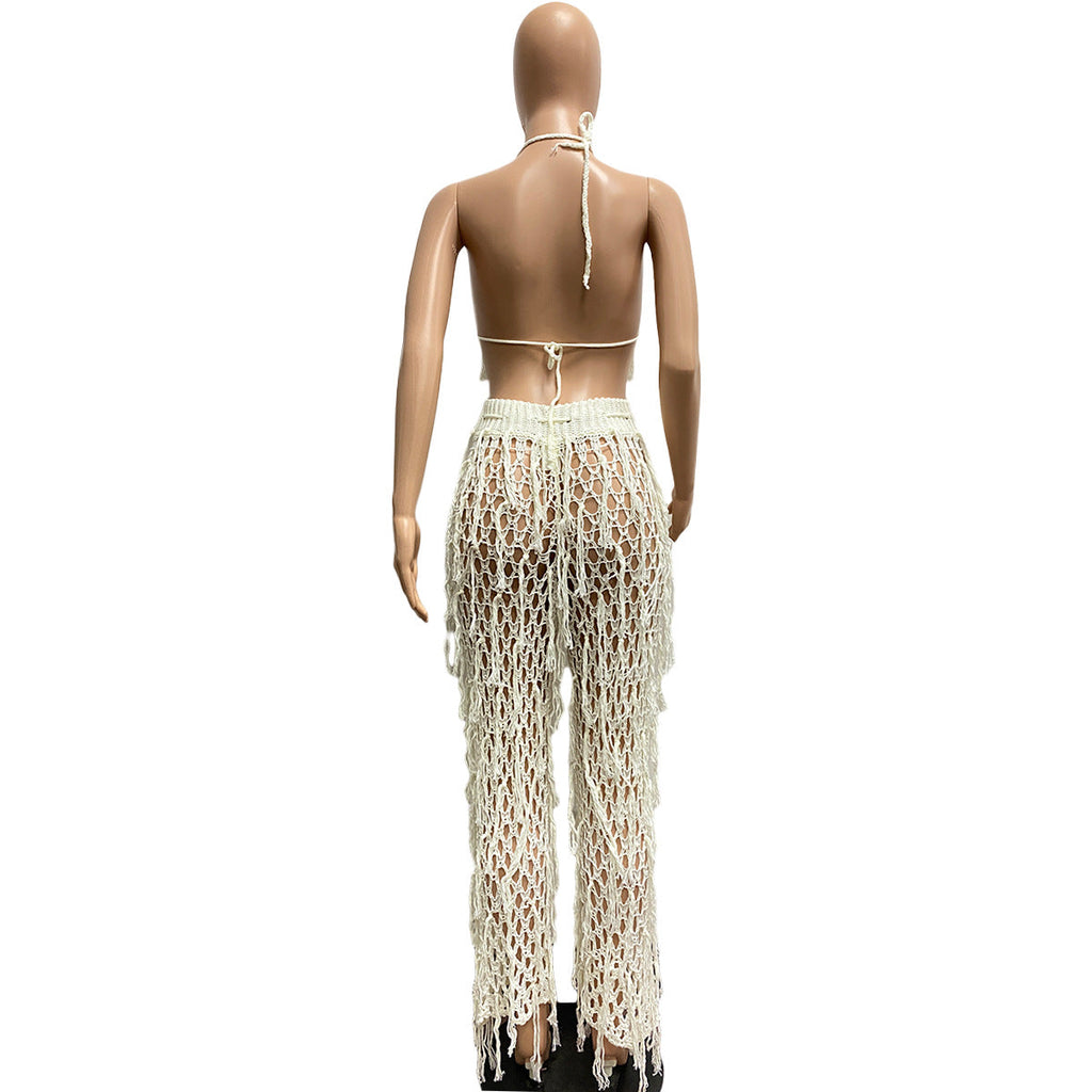 Sexy See through Crochet Tassel Beach Suit