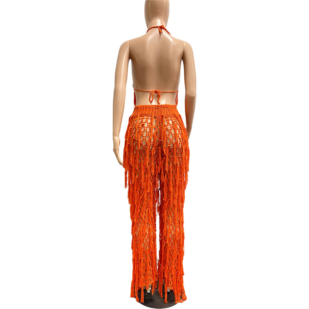 Sexy See through Crochet Tassel Beach Suit