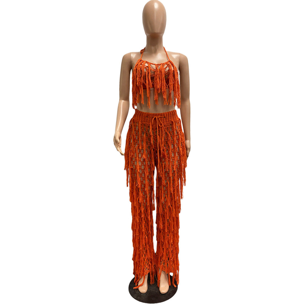Sexy See through Crochet Tassel Beach Suit