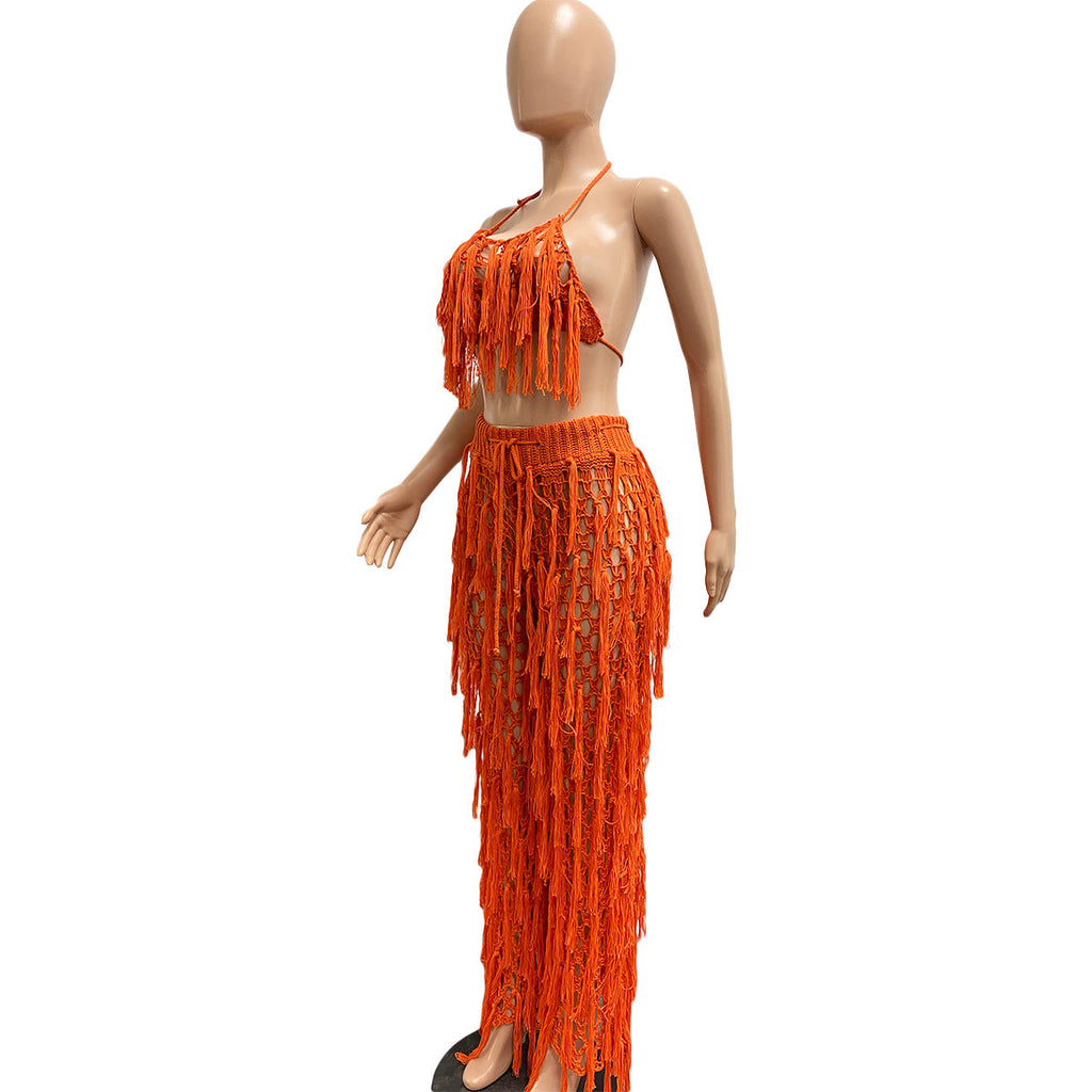 Sexy See through Crochet Tassel Beach Suit
