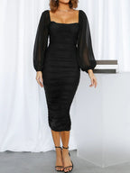 Mesh Bishop Sleeve Square Neck Ruched Bodycon Midi Dress