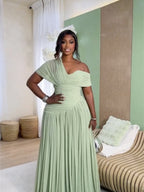 Gathering Crimp Sloping Shoulders Temperament Formal Dress Maxi Dresses
