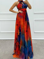 Mesh Printed Halter Formal Dress Maxi Dresses
