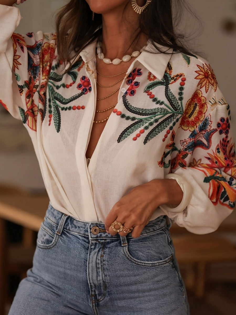 Floral Print V-Neck Long Sleeve Shirt