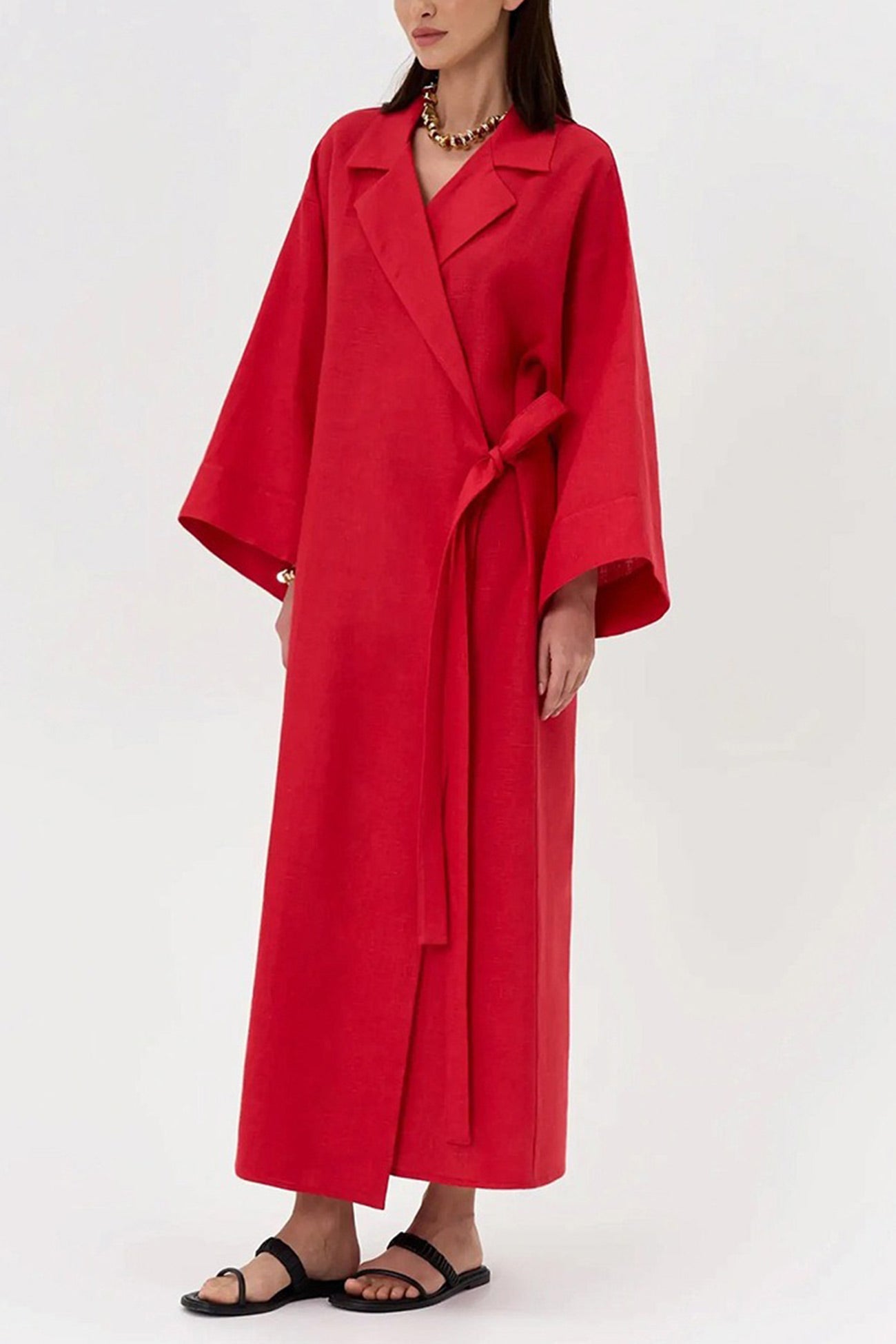 Lapel Tie-up Cotton Linen Dress