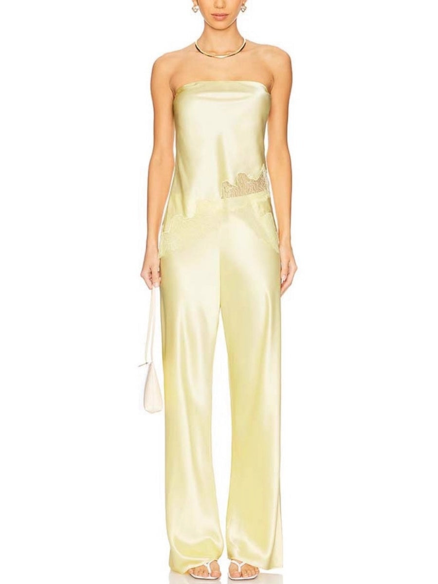 Solid Color Lace Stitching Strapless Top Wide-leg Pants 2-piece Sets
