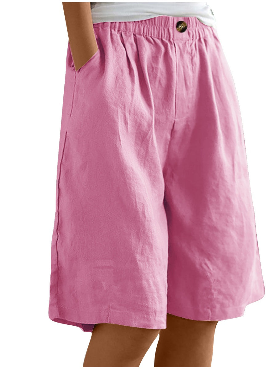 Button-down Cotton Linen Loose High-waisted Five-point Shorts