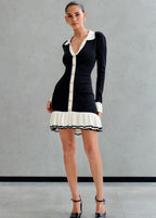 Polo Collar Contrast Trim Button Front Ruffle Hem Knit Mini Dress