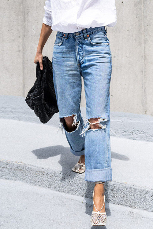 Straight Leg Ripped Boyfriend Jeans