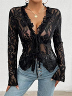 Lace See-through Ruffle Open Front With Tie Sweet T-shirts