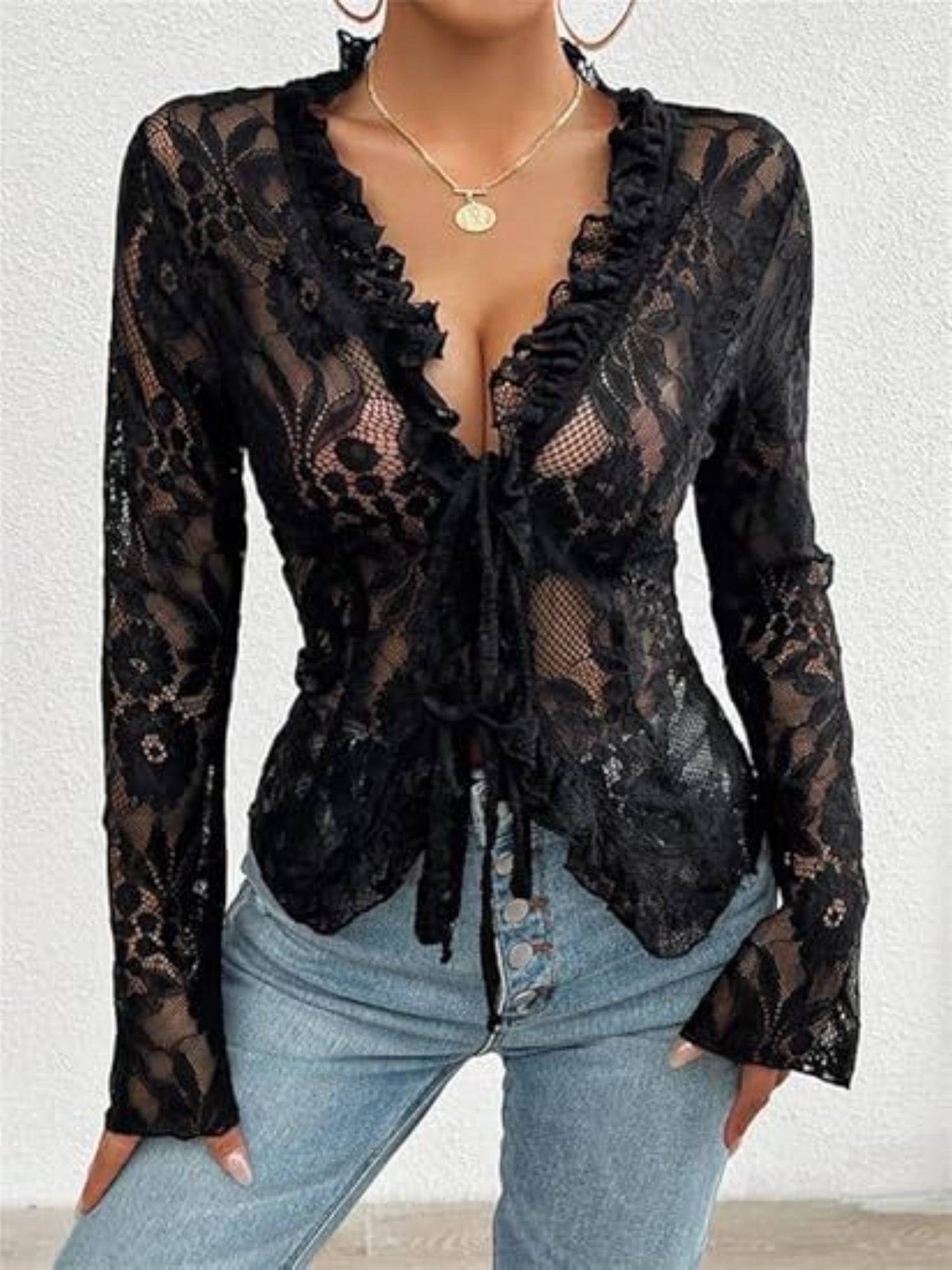 Lace See-through Ruffle Open Front With Tie Sweet T-shirts
