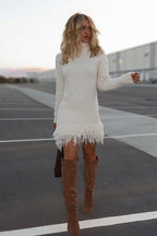 Turtleneck Fuzzy Knit Fringe Hem Long Sleeve Mini Dress
