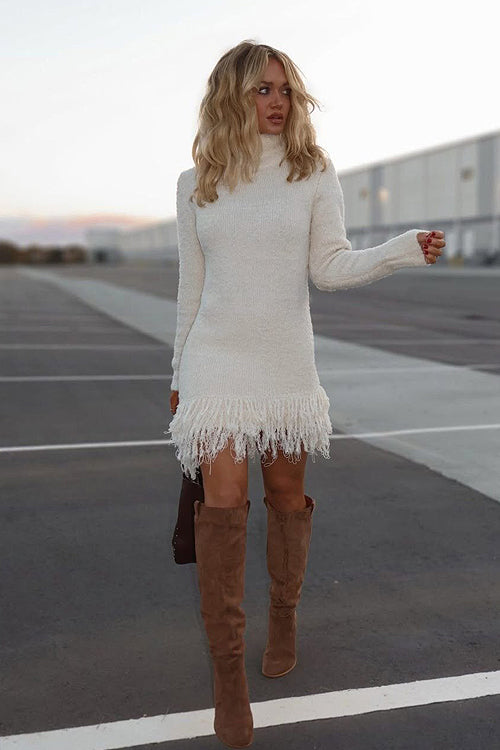 Turtleneck Fuzzy Knit Fringe Hem Long Sleeve Mini Dress