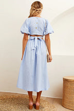 Deep V-Neck Puff Sleeve Side Waist Cutout A-Line Midi Dress