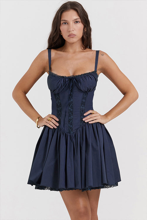Lace Trim Corset Tie Front Bustier Gathered Skirt Mini Dress